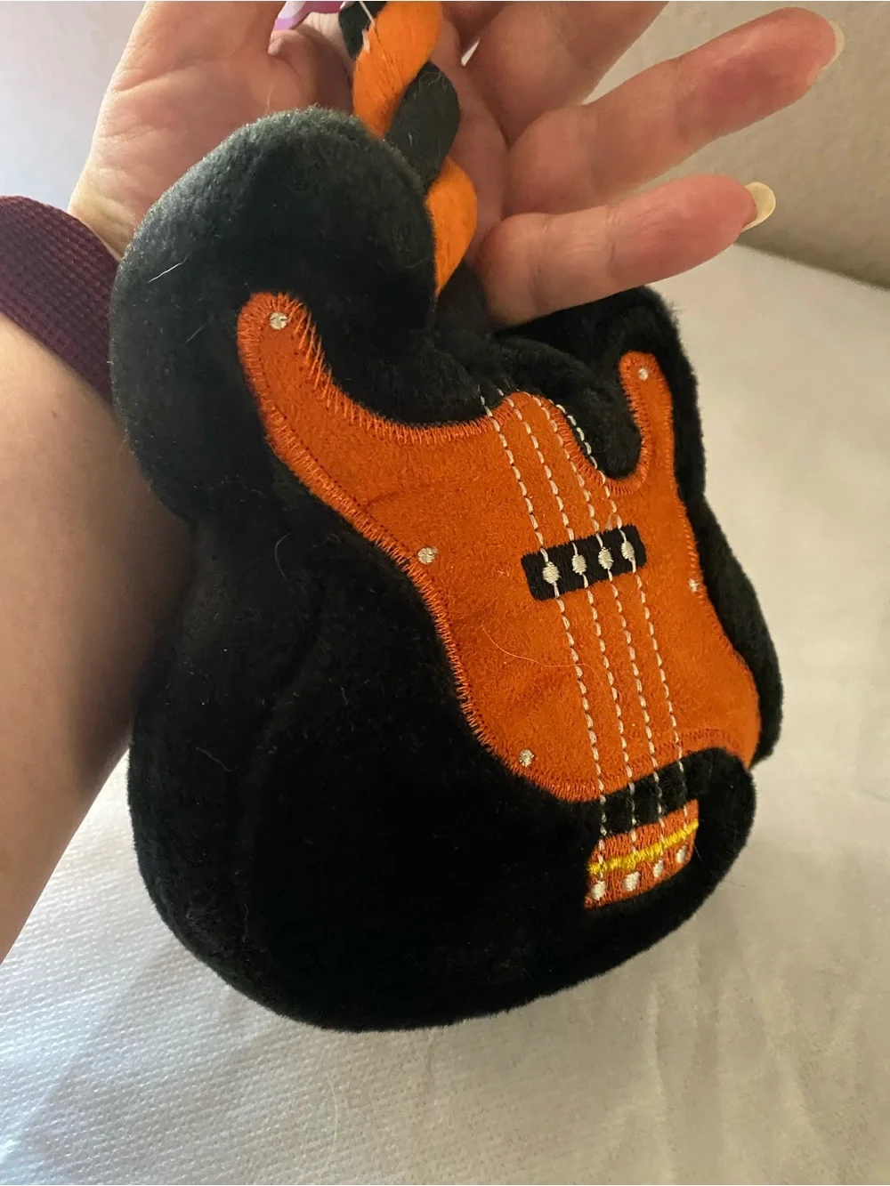 NWT Sergeants Dog Toy Plush Guitar With Rope Squeaky Black Orange 11